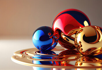 Surreal abstract art macro of balls poured over with gloss  red, blue and gold paint flows and splashes, with color gradients and glare effects made with Generative AI