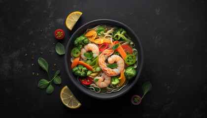 Stir fry noodles with vegetables and shrimps in black bowl. Slate background. Top view. Copy space. Generative AI