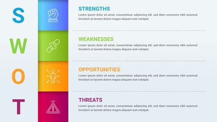SWOT Analysis Infographics Diagram in Circle and Road with Arrow. Business Advantages and Disadvantages. Colorful Presentation Template for Planning, Management, and Evaluation of Project.