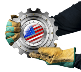 Manual worker with work gloves holding a metallic cogwheel with the national flag of the United States of America, USA (American flag), isolated on white or transparent background. Png.