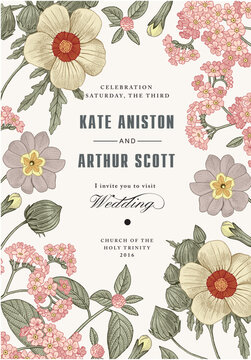 Wedding marriage invitation. Beautiful blooming flowers baroque. Vintage greeting card Frame Drawing engraving. Primula, hibiscus, heliotrope isolated floral. Wallpaper background vector Illustration