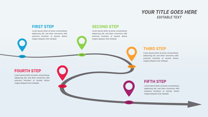 Curve Road Map Infographic Template and Business Icon with Five Steps. Infographic with Road and Location Pin 5 Step Points for Presentations, Finance Reports, Web Design, and Yearly Reports.