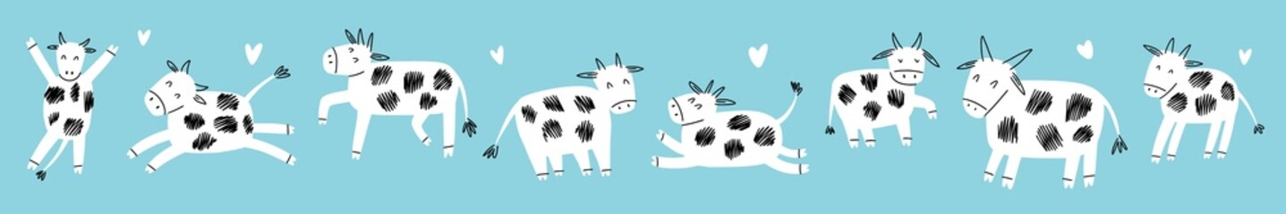 Horizontal illustration with cows drawn by hand in the style of a doodle