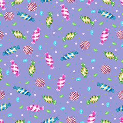 Watercolor seamless pattern with candies and lollipops.