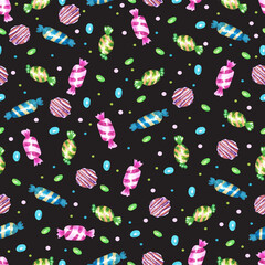 Watercolor seamless pattern with candies and lollipops.