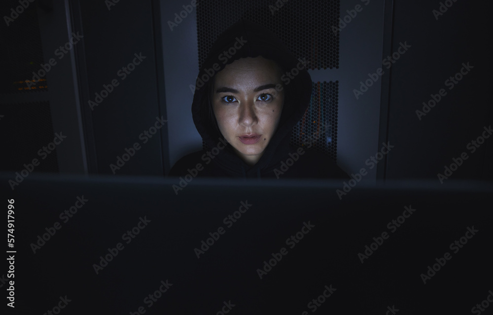 Poster Night, hacker and cyber security with woman and laptop for coding, software and programming. Ransomware, phishing and developer with girl programmer in server for database, network and digital crimes