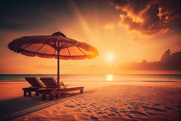 Beautiful sunset on the beach with umbrella and chair - Vintage filter. Generative AI