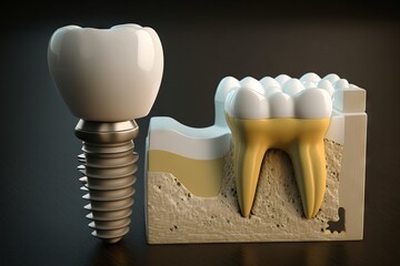 Dental implant and caries on a dark background. Generative AI