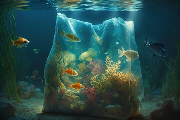 Plastic bag with fishes and corals underwater. Generative AI