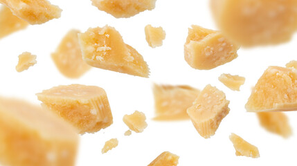 Flying pieces of parmesan cheese isolated on transparent background png