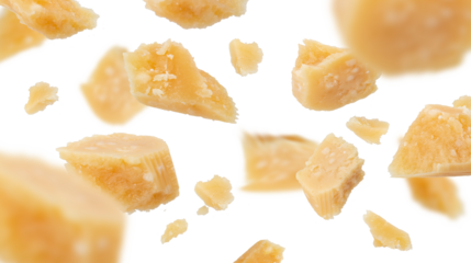 Flying pieces of parmesan cheese isolated on transparent background png