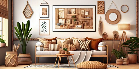 Obraz na płótnie Canvas Stylish scandinavian living room with design mint sofa, furnitures, mock up poster map, plants and elegant personal accessories. Modern home decor. Bright and sunny room. Generative AI illustration.