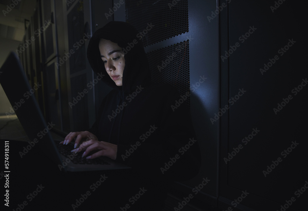 Aufkleber Hacking, server room and woman computer coding, data center crime and ransomware of cyberpunk in dark. Laptop hacker, person or thief in cybersecurity, information technology and criminal programmer
