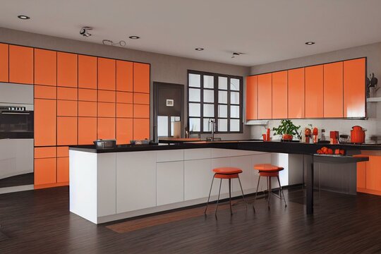 Modern Kitchen Interior White Cabinets Black Hardware Bold Orange Red Subway Backsplash Tile Hardwood Floors Wooden Butchers Counter Tops French Doors Plants Recessed Lighting Fixture. Generative AI