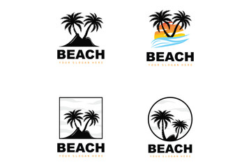 Obraz premium Coconut Tree Logo With Beach Atmosphere, Beach Plant Vector, Sunset View Design