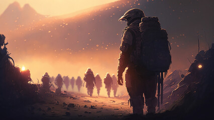Soldier returning back to the base camp, Digital Art Style, Generative AI