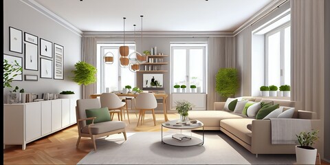 Fototapeta premium Stylish scandinavian living room with design mint sofa, furnitures, mock up poster map, plants and elegant personal accessories. Modern home decor. Bright and sunny room. Generative AI illustration.