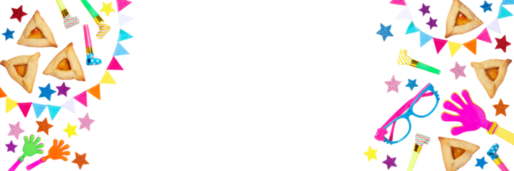 Isolated Purim carnival background with traditional cookies, costume accessories and decor, web banner frame