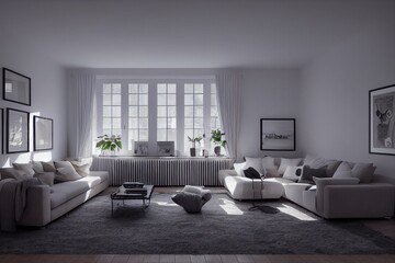 Fototapeta na wymiar Stylish scandinavian living room with design mint sofa, furnitures, mock up poster map, plants and elegant personal accessories. Modern home decor. Bright and sunny room. Generative AI illustration.