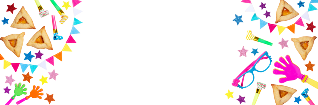 Isolated Purim carnival background with traditional cookies, costume accessories and decor, web banner frame