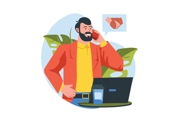 Business deal concept with people scene in the flat cartoon design. Businessman solves various business problems over the phone. Vector illustration.