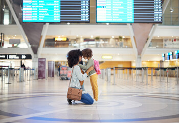 Black woman, girl kid and welcome in airport with head together, love or greeting with hug. Family,...