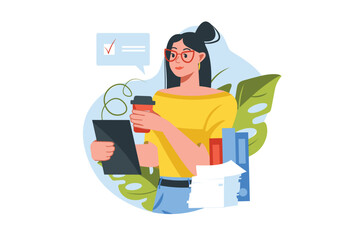 Secretary concept with people scene in the flat cartoon style. Secretary makes coffee for the director and prepares documents. Vector illustration.