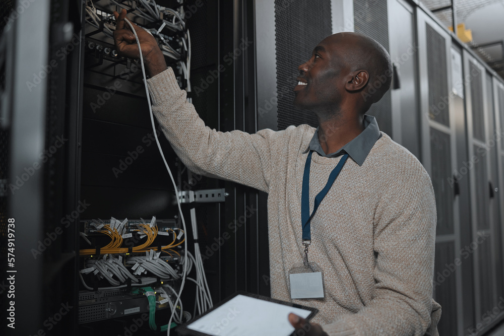 Aufkleber Engineer, server room and black man with cable and tablet for database maintenance or software update. Cybersecurity, it or startup male coder on tech for programming or networking in data center