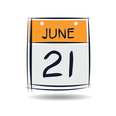 Creative calendar page with single day (21 June), Vector illustration.