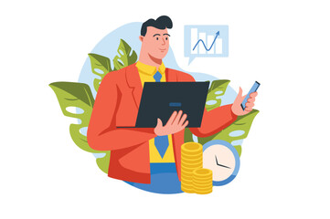 Concept Business making with people scene in the flat cartoon design. Businessman spends a lot of time on improving and developing his business so that it brings more profits. Vector illustration.