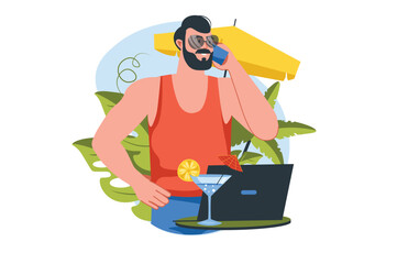 Work on vacation concept with people scene in the flat cartoon design. Man solves work affairs on the beach with cocktails during vacation. Vector illustration.