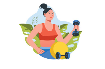Fitness gym concept with people scene in the flat cartoon design. Woman performs various physical exercises with dumbbells. Vector illustration.