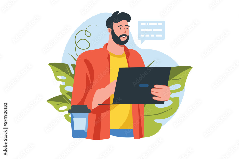 Poster programming concept with people scene in the flat cartoon style. programmer works on writing code fo