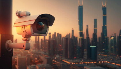 Modern CCTV camera over cityscape background with double exposure of cyber security interface. Generative AI