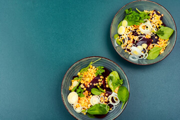 Low calorie lentil salad, flat lay