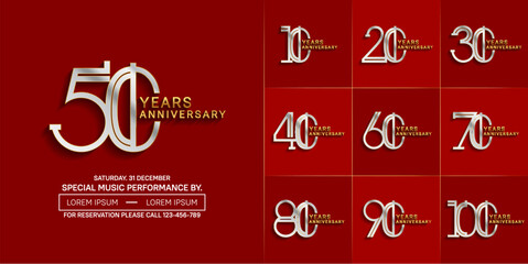 set of anniversary glossy silver and gold color with red background for special celebration event