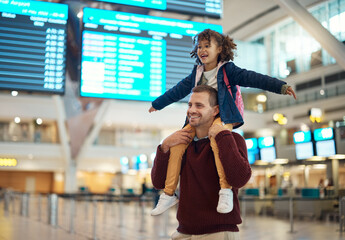 Happy, shoulders and father and daughter in airport for travel, vacation and global journey, Smile,...