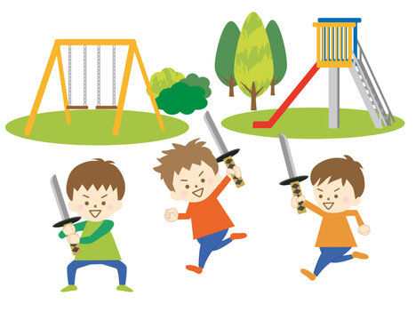 公園でおもちゃの刀を持って、ごっこ遊びをする男の子達のセット