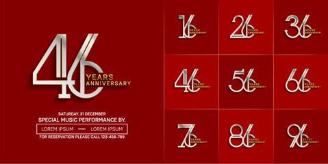 set of anniversary glossy silver and gold color with red background for special celebration event