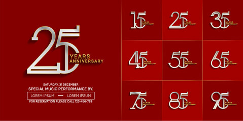 set of anniversary glossy silver and gold color with red background for special celebration event