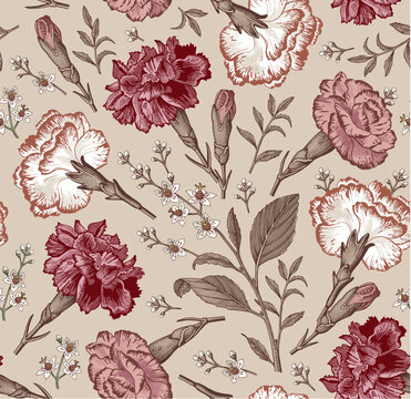 Seamless pattern carnation clove. Beautiful blooming realistic isolated flowers. Vintage background fabric wildflowers. Wallpaper baroque Drawing engraving sketch Vector illustration