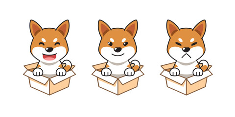 Vector cartoon illustration set of shiba inu dog showing different emotions in cardboard boxes for design.