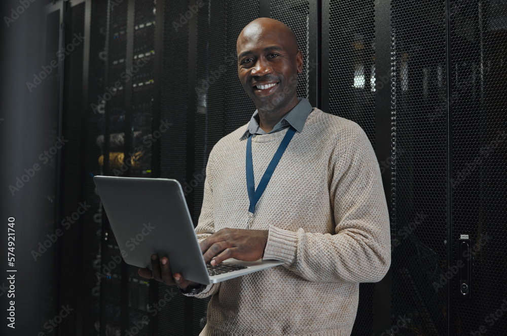 Poster Server, laptop and portrait of black man or technician for data center, system update or cybersecurity code. Engineer or programmer person in information technology happy with ethernet and wifi power