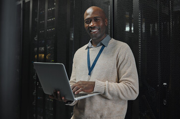 Server, laptop and portrait of black man or technician for data center, system update or cybersecurity code. Engineer or programmer person in information technology happy with ethernet and wifi power