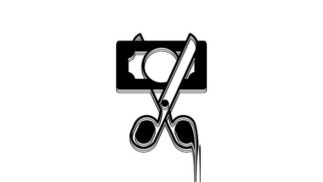 Black Scissors cutting money icon isolated on white background. Price, cost reduction or price reduction icon concept. 4K Video motion graphic animation