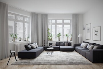 Stylish scandinavian living room with design mint sofa, furnitures, mock up poster map, plants and elegant personal accessories. Modern home decor. Bright and sunny room. Generative AI illustration.