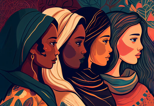 Four women of different nationalities and cultures standing together. Women's friendship, union of feminists or sisterhood. The concept of the female's empowerment movement. Generative Ai.