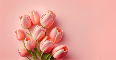 Obraz premium Spring tulip flowers on pink background top view in flat lay style. Greeting for Womens or Mothers Day or Spring Sale Banner. Generative Ai.