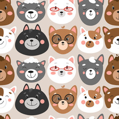 Set of different cats, seamless pattern with cats, cute pets pattern, different cats. illustration in flat style, cat face 