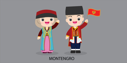 montengro in national dress with a flag. Man and woman in traditional costume. Travel to montengro. People.